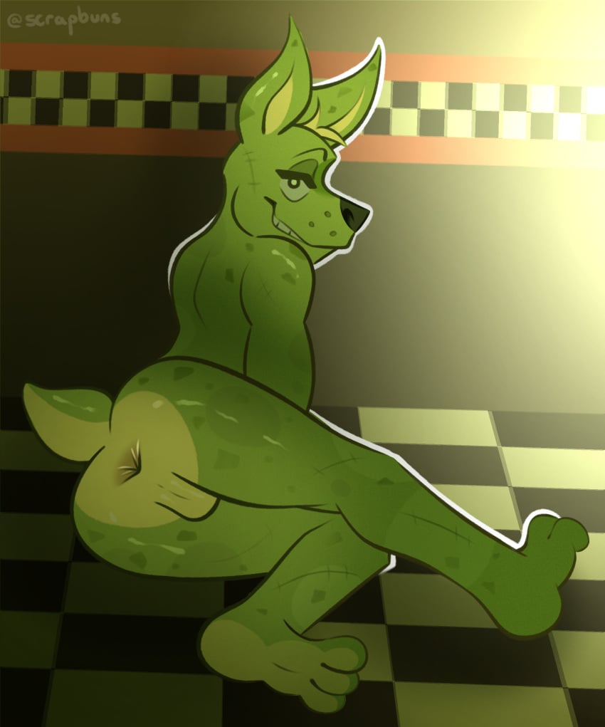 absurd_res anthro anus balls bedroom_eyes five_nights_at_freddy's five_nights_at_freddy's_3 fur genitals green_body green_fur grin hi_res lagomorph leporid lying male male_only mammal narrowed_eyes on_side rabbit scottgames scrapbuns seductive smile solo springtrap springtrap_(fnaf)