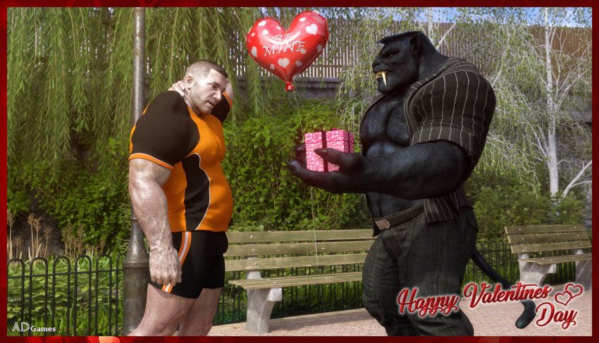 2018 abs ad-games anthro artist_name balloon belt bench big_penis black_body black_bottomwear black_clothing black_fur black_hair black_shorts bottomwear bow_ribbon bulge christopher_(ad-games) claws clothing duo fangs felid fence finger_claws fur genitals hair hand_behind_neck happy_valentine heart_balloon heart_symbol holding_present holidays human inflatable kerak male male/male mammal mohawk musclegut muscular muscular_anthro muscular_male orange_clothing orange_shirt orange_topwear pantherine park pecs penis pinstripe_clothing pinstripes plant sabertooth_(anatomy) shirt shorts teeth topwear tree unbuttoned_shirt valentine's_day vein veiny_muscles watermark