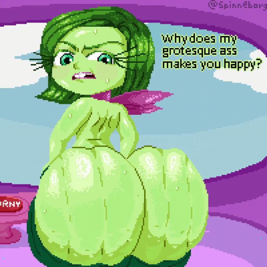 1girls animated anus ass ass_bigger_than_head ass_focus ass_ripple behind_view big_ass big_butt bottom_heavy bubble_butt buckteeth clapping_cheeks clothing curvaceous curvy curvy_figure dialogue disgust_(inside_out) disgusted disney english_text female female_only green_eyes green_hair green_skin huge_ass inside_out looking_back mostly_nude pants_down pixar pixel_art pussy solo solo_female spinneborg tagme text topless twerking voluptuous voluptuous_female