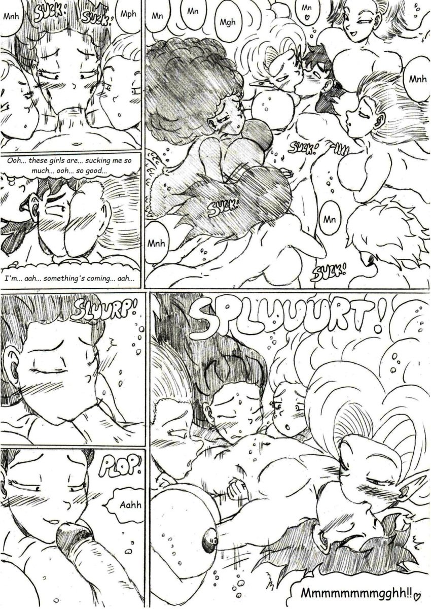 1boy android_18 black_and_white blowjob chichi comic_page dragon_ball_z english_text janet_(dragon_ball) kissing look-alike mermaid mermaid_tail multiple_girls nude_female nude_male race_of_hera son_gohan son_gohan_(young) thewritefiction zangya