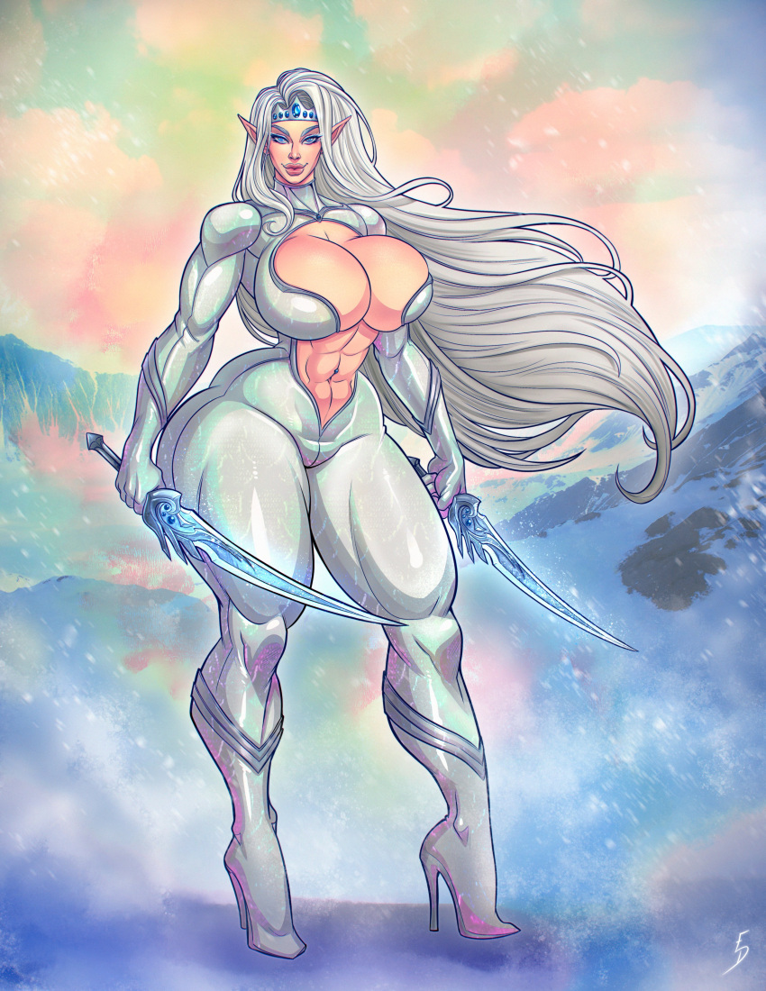 1girls 2020s 2023 2d 2d_(artwork) 5_fingers abs big_thighs bimbo blue_eyes bodysuit child_bearing_hips cleavage covered_nipples crown elf elf_ears elf_girl eroseroticart eyebrows eyelashes female female_focus female_only hi_res high_heels highres hips large_thighs long_hair looking_at_viewer original original_character revealing_clothes skimpy smile smiling solo solo_female solo_focus thick_thighs thighs toned toned_female toned_stomach very_long_hair white_hair wide_hips