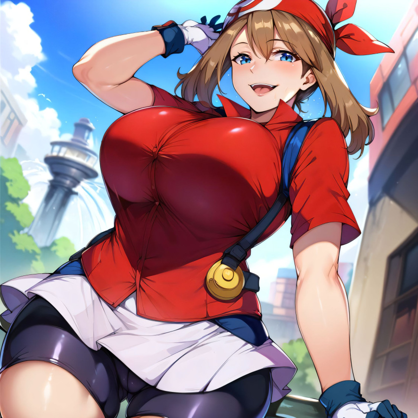 1girls ai_generated alternate_breast_size big_breasts bike_shorts bostin breasts busty curvaceous curvy curvy_body curvy_female curvy_figure female huge_breasts large_breasts may_(pokemon) nipples outdoors pokemon shorts shorts_under_skirt skirt solo sweat sweating sweaty sweaty_body sweaty_breasts thick_thighs thighs venus_body