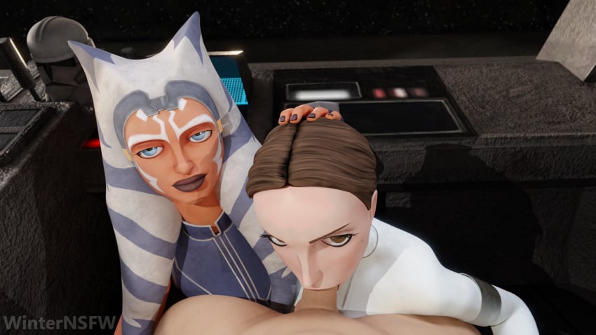 1boy 2girls 3d 3d_(artwork) ahsoka_tano blender blowjob blue_eyes brown_eyes brown_hair clone_wars clothed clothed_female clothed_female_nude_male eye_contact fellatio female hi_res light-skinned_female light-skinned_male light_skin male multiple_girls orange_body orange_skin padme_amidala pov short_hair star_wars sucking sucking_penis threesome togruta unseen_male_face watermark winternsfw