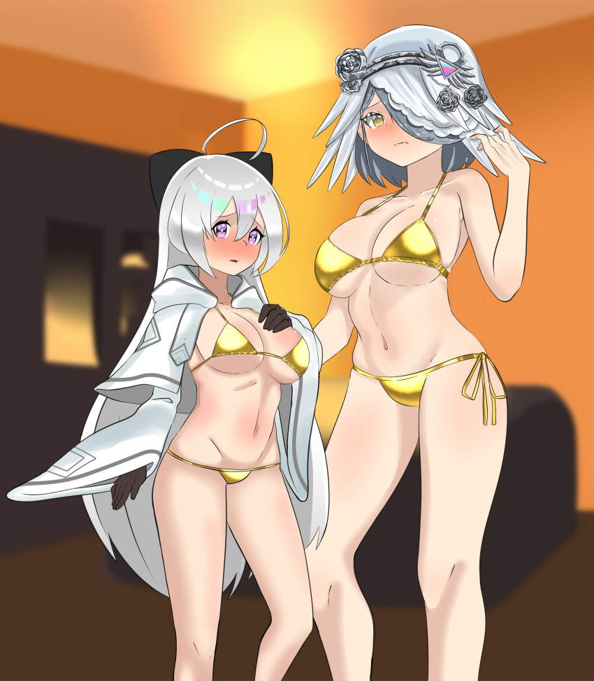 2girls bikini duel_masters duel_masters_play's embarrassed full-face_blush gijinka gold_bikini hand_on_breast kanon_(duel_masters_play's) large_breasts one_arm_up wavy_mouth wedding_(duel_masters)