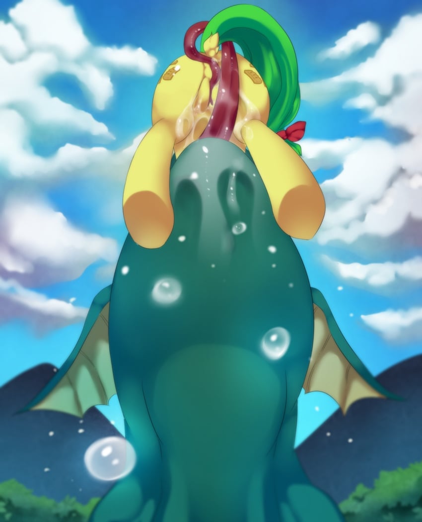 2013 apple_fritter_(mlp) clouds color cunnilingus cutie_mark day duo equine female feral freedomthai friendship_is_magic green_body green_hair hair horse licking my_little_pony oral oral_sex outdoors pony saliva sex tongue tongue_out vaginal_penetration vore yellow_fur