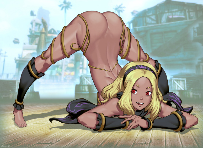 1girls 2021 armwear ass ass_up blonde_hair dark-skinned_female functionally_nude genzoman gravity_rush jack-o_pose kat_(gravity_rush) mostly_nude red_eyes solo solo_female thighs