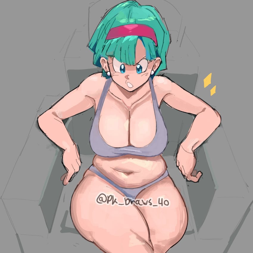 1girls artist_name big_breasts blue_eyes bulma_briefs bulma_briefs_(frieza_saga) bulma_redraw_challenge_(meme) busty chubby cleavage dragon_ball dragon_ball_z earrings hairband light-skinned_female light_skin pk_draws_40 redraw teal_hair thick thick_thighs thighs