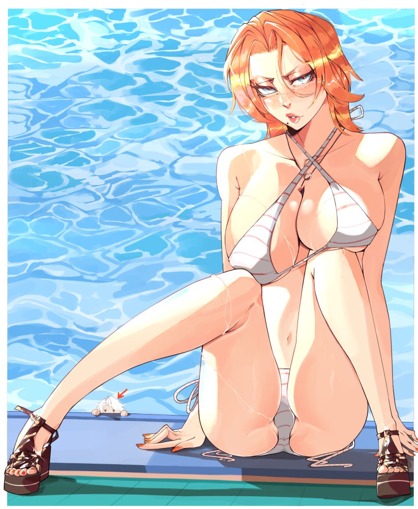 beach bikini bleach blue_eyes blush breasts clavicle cleavage clothing criss-cross_halter eyewear female female footwear glasses halterneck high_heels jobin_chan large_breasts legs lips long_hair looking_at_viewer makeup matsumoto_rangiku multiple_girls nail_polish navel orange_hair pool sandals shoes short_hair sitting solo striped striped_bikini swimsuit thighs toenail_polish toenails water wet white_bikini white_swimsuit