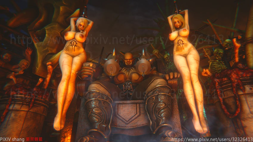 1boy 2girls 3d blizzard_entertainment blonde_hair garrosh_hellscream honey_select horde_(warcraft) horde_tattoo human human_(world_of_warcraft) humiliation jaina_proudmoore light-skinned_female light_skin orc orc_(warcraft) public restrained shang stomach_tattoo tattoo torture warcraft whip_marks world_of_warcraft