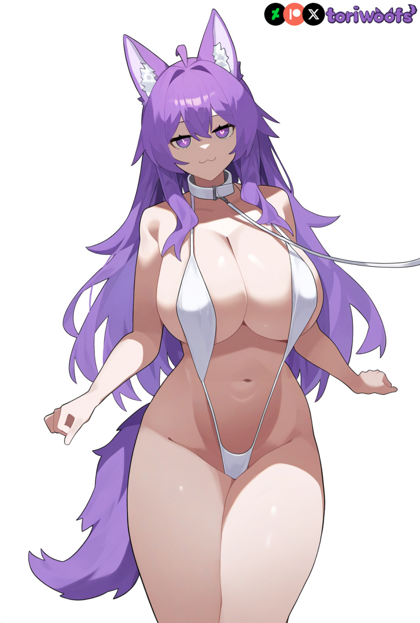 1girls :3 ai_generated big_breasts bikini breasts collar curvy cute dog_ears dog_girl doggirl female female_focus female_only highres hips huge_boobs huge_breasts kemonomimi leash light_skin light_skinned_female long_hair patreon_username petgirl purple_ears purple_eyes purple_hair purple_tail sling_bikini thick_thighs thighs tori toriwoofs watermark wavy_hair white_background wide_hips wolf_ears