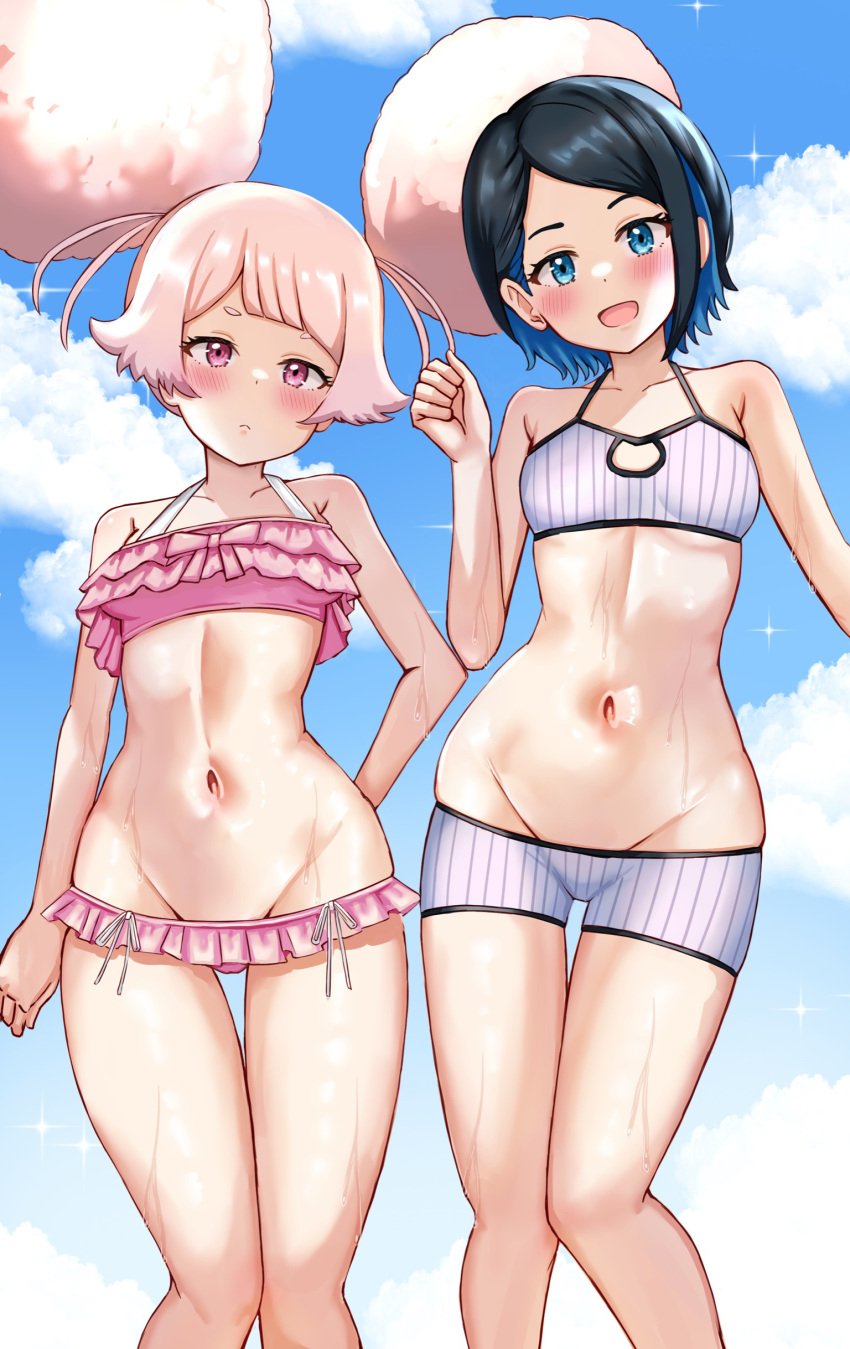 2girls :d absurdres afro_puffs bikini bikini_shorts black_hair blue_bikini blue_eyes blue_hair chuatury_panlunch cloud colored_inner_hair frilled_bikini frills gundam gundam_suisei_no_majo highres lowleg lowleg_bikini multicolored_hair multiple_girls navel nika_nanaura nootomo open_mouth pink_bikini pink_eyes pink_hair shorts sky smile standing stomach striped_bikini striped_clothes swimsuit thighs vertical-striped_bikini vertical-striped_clothes wet