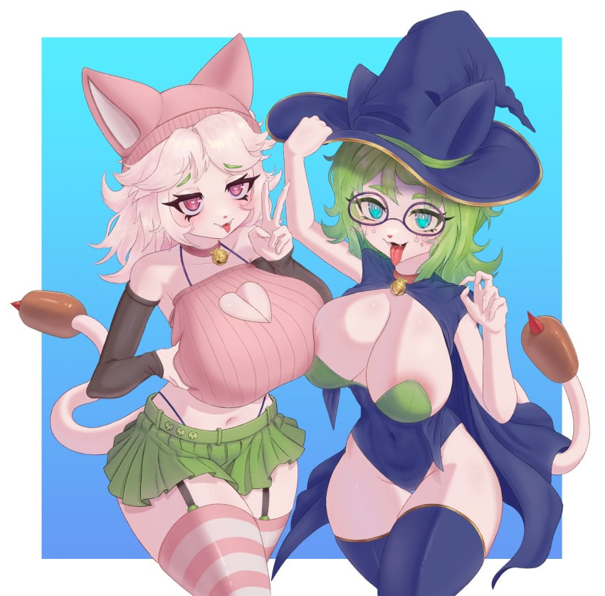 2girls :3 :p anthro areola areolae arm_warmers arms_up armwear belly belly_button big_ass big_breasts blue_clothing blue_eyes blush boob_window breast_grab breast_size_difference breasts breasts_to_breasts busty cape casual_clothes cat_ears cattail_(plant) cattail_(pvz) claws cleavage cowboy_shot crop_top docking duo electronic_arts exposed_breasts eyelashes eyewear fangs feline female fur furry gift_art green_hair green_skirt hand_on_hat hand_on_headwear headwear heart-shaped_pupils heart_eyes hi_res highres hips huge_breasts jingle_bell jingle_bell_collar lingerie long_hair open_mouth peace_sign pink_clothing pink_collar pink_eyes plant_girl plantie plants_vs._zombies plants_vs_zombies popcap_games red_collar short_skirt simple_background skirt smile smiling tail thick_ass thick_hips thick_thighs thighhighs thighs tongue tongue_out v v_sign white_body white_fur white_hair white_pupils white_skin witch_costume witch_hat