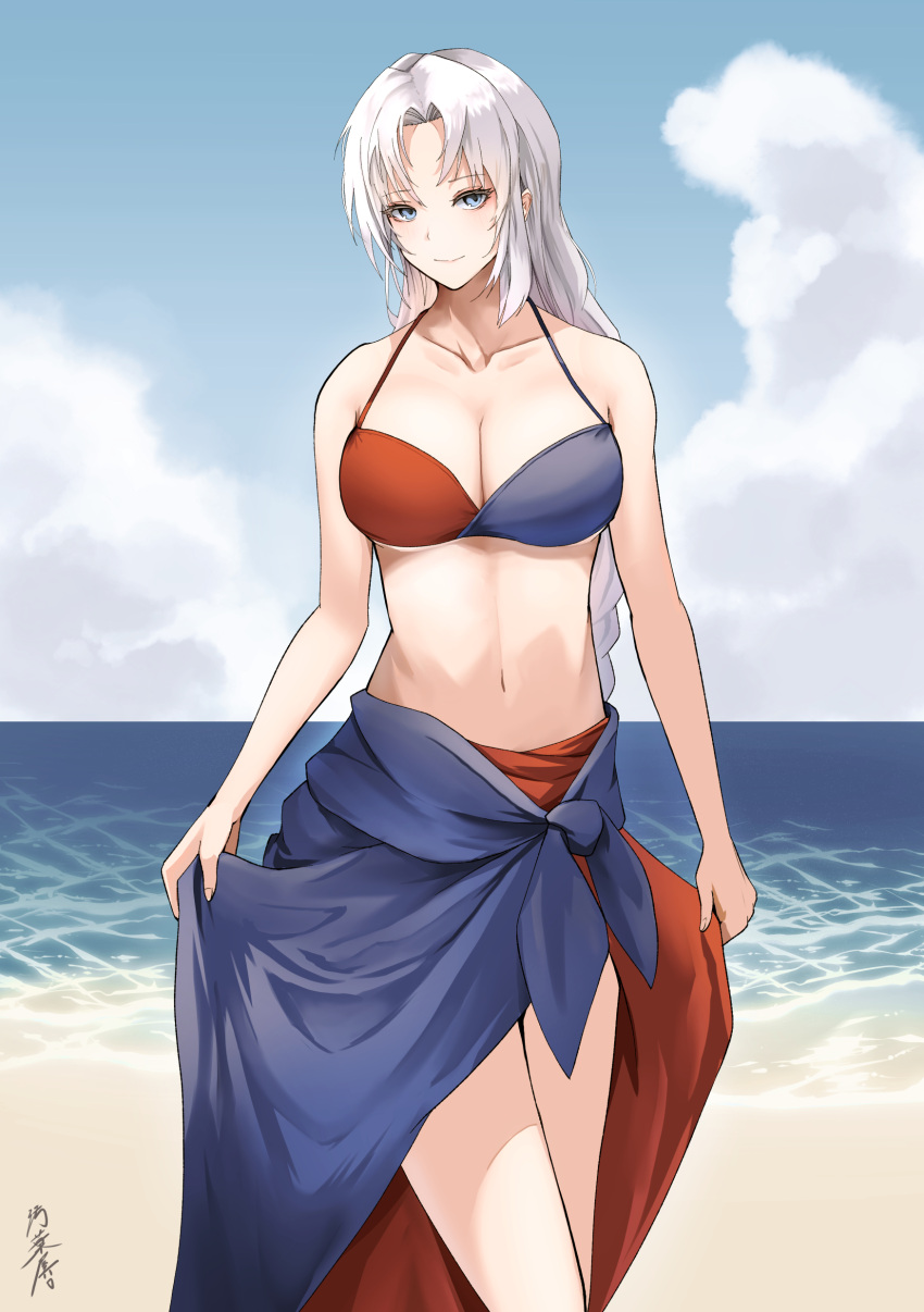 absurdres alternate_costume beach bikini blue_bikini blue_sarong blue_sky breasts cleavage closed_mouth cloud cloudy_sky collarbone cowboy_shot day eirin_yagokoro female grey_eyes highres horizon large_breasts light-skinned_female light_blush light_skin long_hair looking_at_viewer mature_female milf multicolored_sarong navel ocean outdoors red_bikini red_sarong sarong signature sky smile solo standing stomach swimsuit touhou two-tone_bikini two-tone_sarong white_hair yagokoro_eirin yagoro_kusuriya