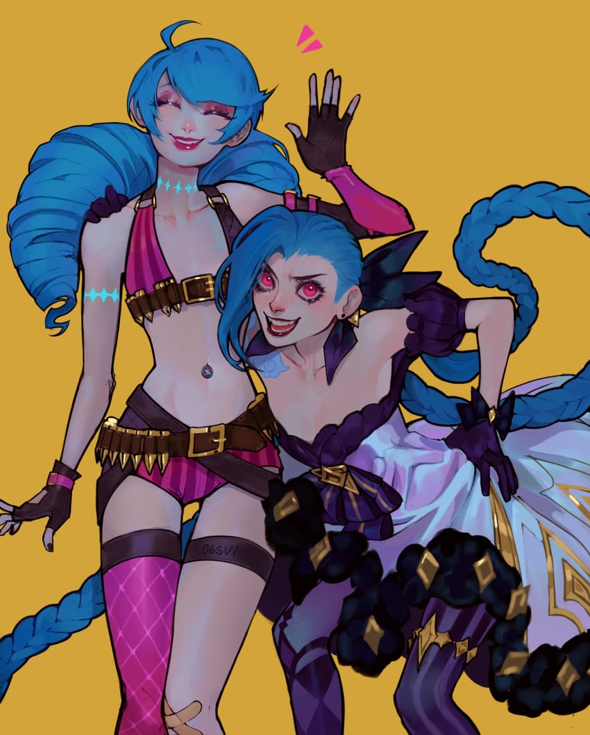 06svi 2d 2d_(artwork) 2d_artwork 2girls blue_hair bullet bullets clothes_swap cosplay costume_swap costume_switch dress female female_only gloves gwen_(league_of_legends) jinx_(league_of_legends) league_of_legends outfit_swap red_eyes riot_games