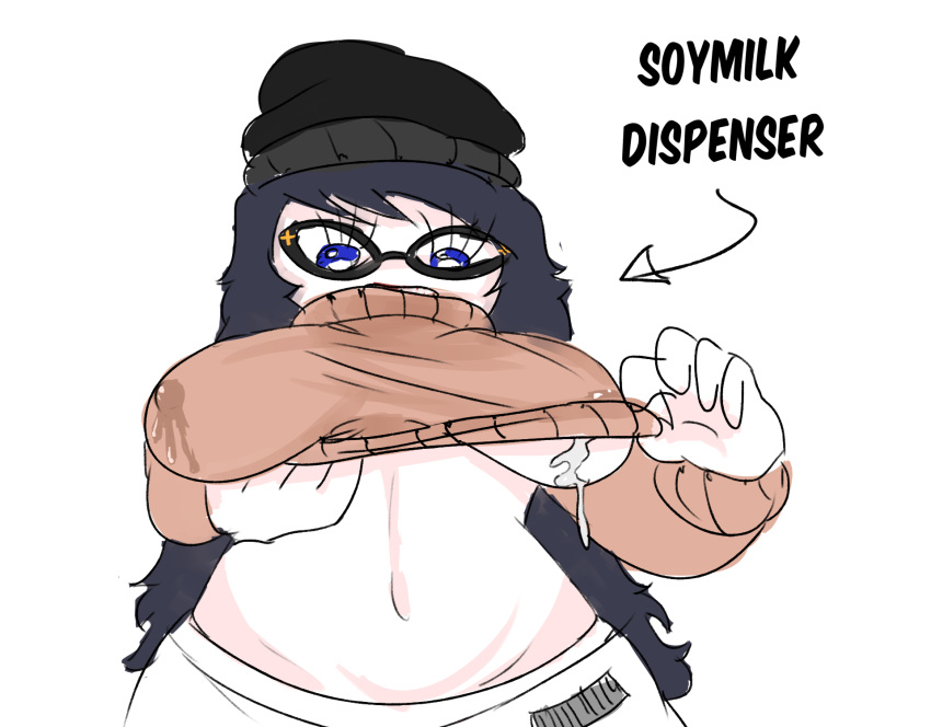 artist_request beanie black_hair blue_eyes breasts female glasses leaking_milk soyjak soytan white_skin wojak