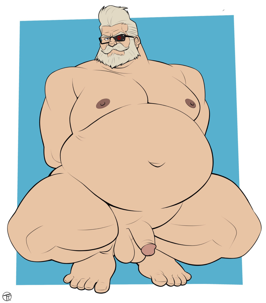 balls beard facial_hair fat fat_belly fat_man flaccid glasses goldlewis_dickinson guilty_gear guilty_gear_strive hands_behind_back male male_only nude obese obese_male old_man overweight overweight_male penis solo solo_male spread_legs squatting trashtoonz