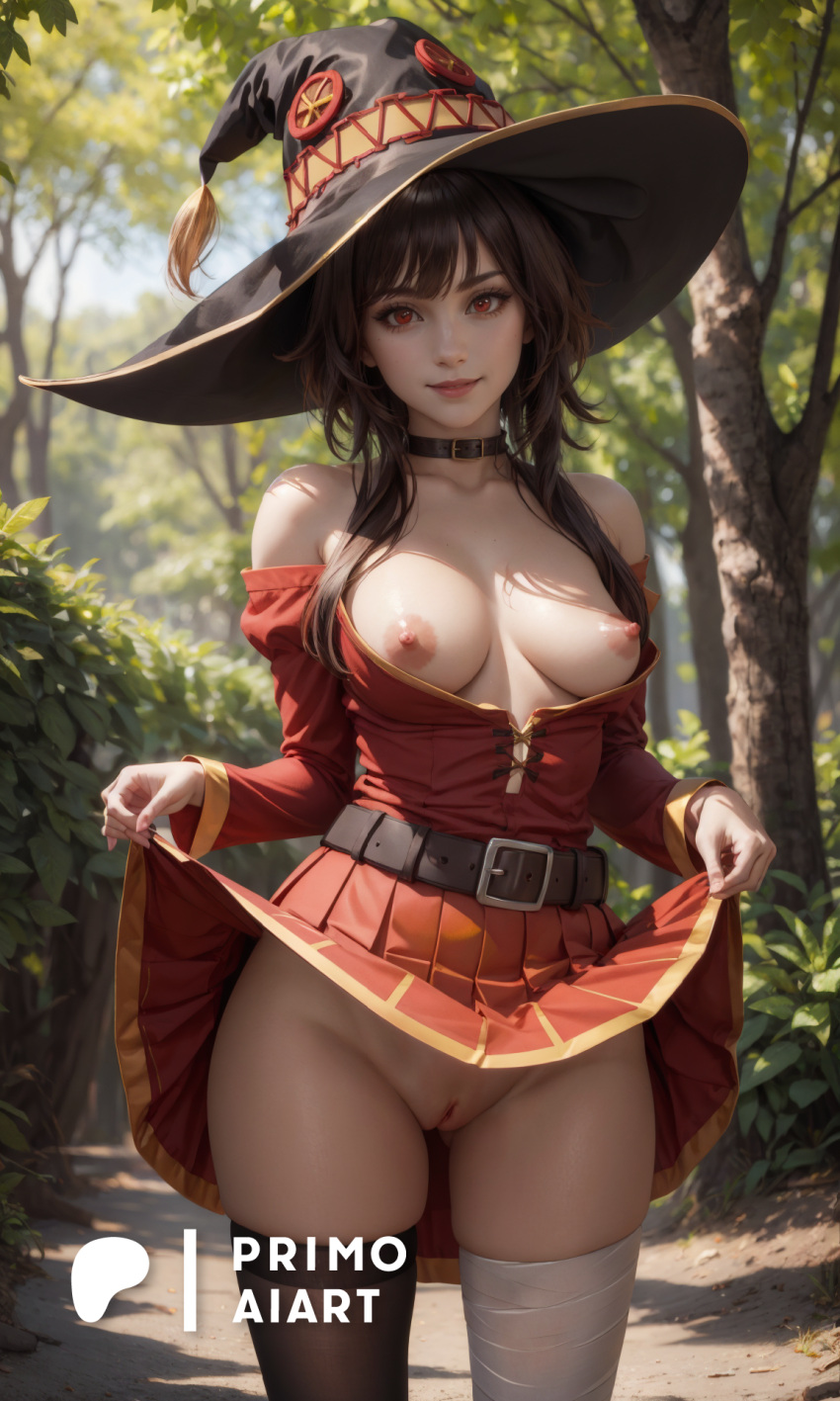 1girls ai_generated bare_shoulders belt breasts_out brown_hair choker collar dress dress_lift exposed_breasts female kono_subarashii_sekai_ni_shukufuku_wo! megumin off_shoulder primo_aiart red_eyes skirt_lift skirt_up solo stable_diffusion stockings thighhighs witch_hat