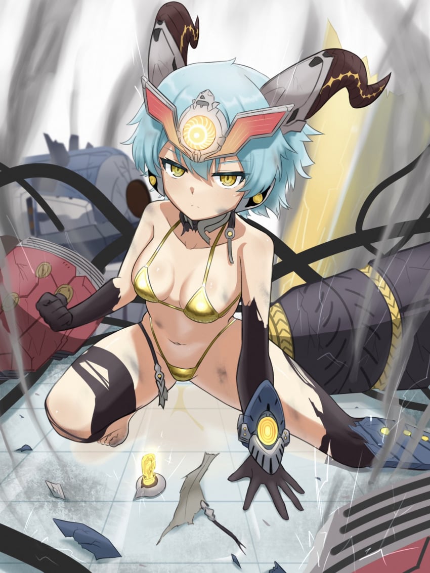 armor asymmetrical_legwear barefoot bikini broken_armor clenched_fist dirt dragon_girl duel_masters gijinka gold_bikini key keyhole leggings medium_breasts robot_girl serious_face serious_look smoke vol-val-8,_forbidden_dragon_king wreckage