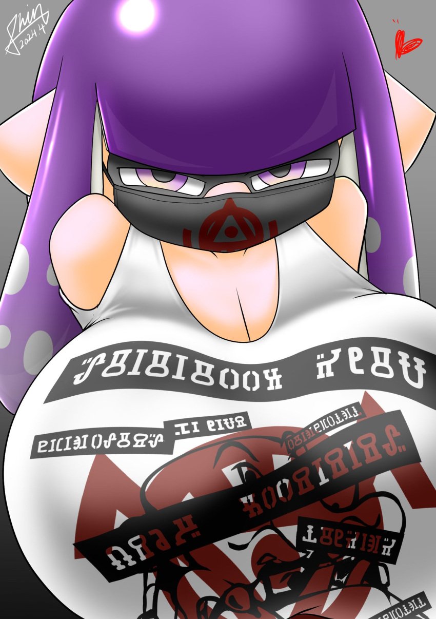 big_breasts breast_focus breasts_bigger_than_head giant_breasts huge_breasts inkling inkling_girl looking_at_viewer looking_up mask masked_female nintendo oc purple_eyes purple_hair shin_arialente signature splatoon splatoon_(series) splatoon_2 tentacle_hair watermark