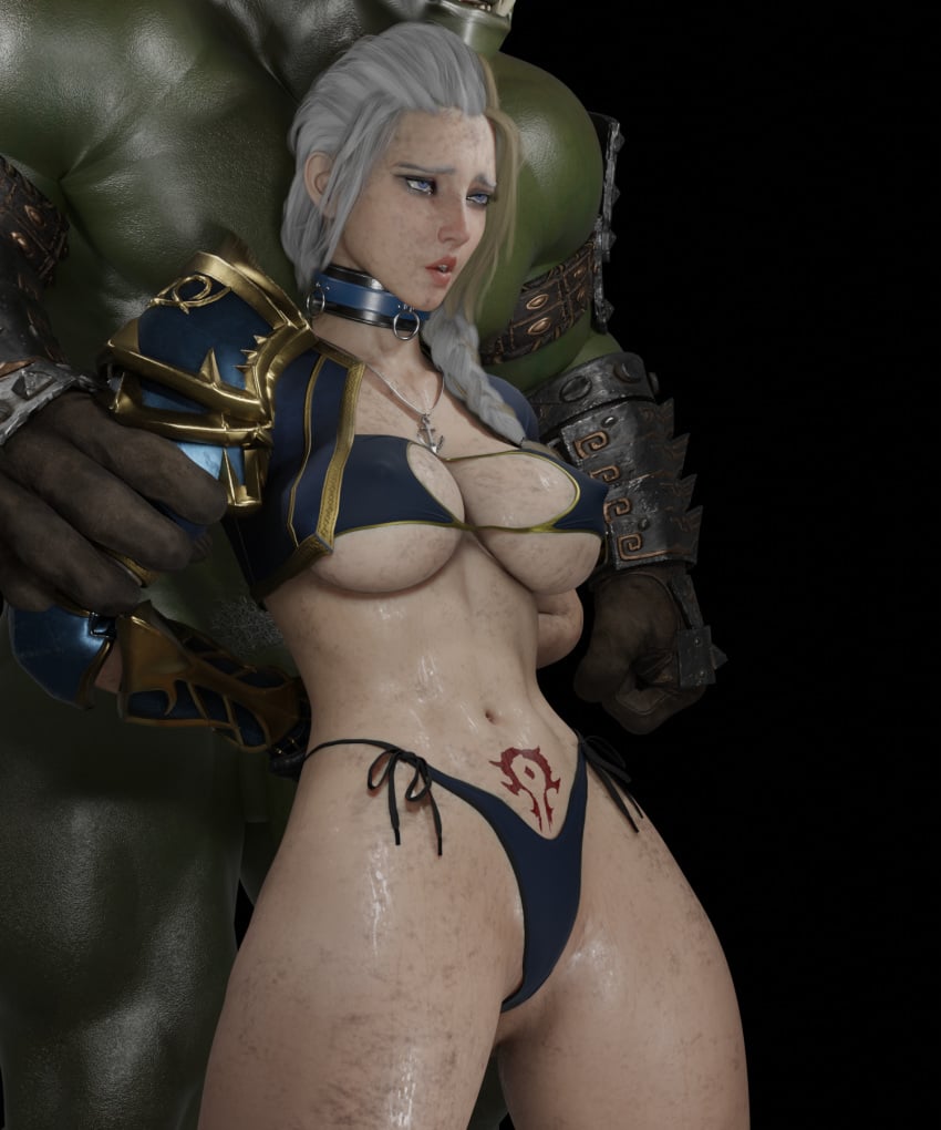 1boy 1girls 3d blizzard_entertainment blonde_hair body_writing collar female green_skin horde_symbol horde_tattoo human human_(world_of_warcraft) jaina_proudmoore light-skinned_female light_skin multicolored_hair nude orc orc_(warcraft) pubic_tattoo soboro tattoo warcraft white_hair world_of_warcraft