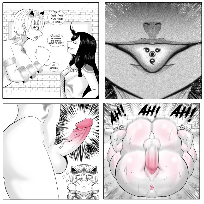 1futa 1girls balls big_ass big_balls big_butt big_penis black_hair_female breasts cleopatra_(majo_taisen) comic comic_page dialogue dickgirl duo english_text erection female futa_on_female futa_sans_pussy futanari himiko_(majo_taisen) humanoid humanoid_penis majo_taisen mating_press nude on_back over-draws overdraws(artist) penis self_upload sex small_boobs smaller_female taisen) text vaginal_penetration vaginal_sex white_hair yuri