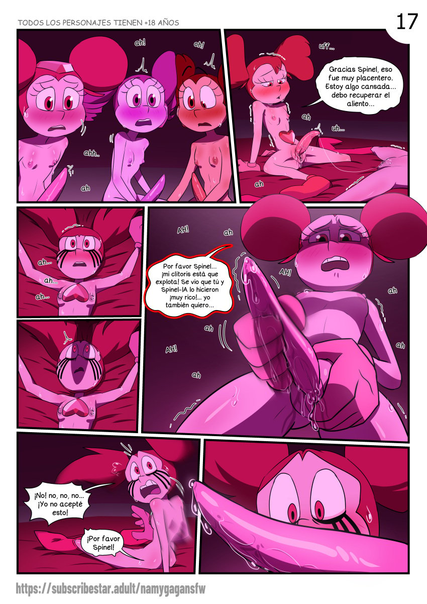 1girls 3futas absurd_res big_clitoris breasts cartoon_network clitoral_futanari clitoris comic dialogue español female futa_sans_balls futanari gangbang gem gem_(species) gemsona humanoid namygaga nude pussy self_upload spanish_text spinel_(steven_universe) steven_universe tagme text twintails