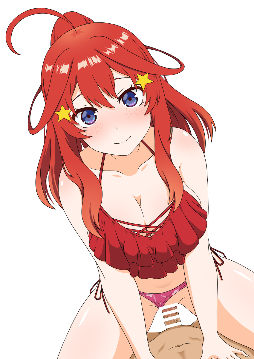 1boy absurdres ahoge bar_censor bikini bikini_bottom_aside blue_eyes blush breasts censored clothing_aside commission cowgirl_position cowgirl_position female floral_print frilled_bikini frills go-toubun_no_hanayome hair_between_eyes hair_ornament highres large_breasts long_hair looking_at_viewer mismatched_bikini nakano_itsuki penis pink_bikini pixiv_commission ponytail print_bikini red_bikini red_hair sex simple_background solo_focus star_(symbol) star_hair_ornament straddling straight swimsuit usazirou539 white_background