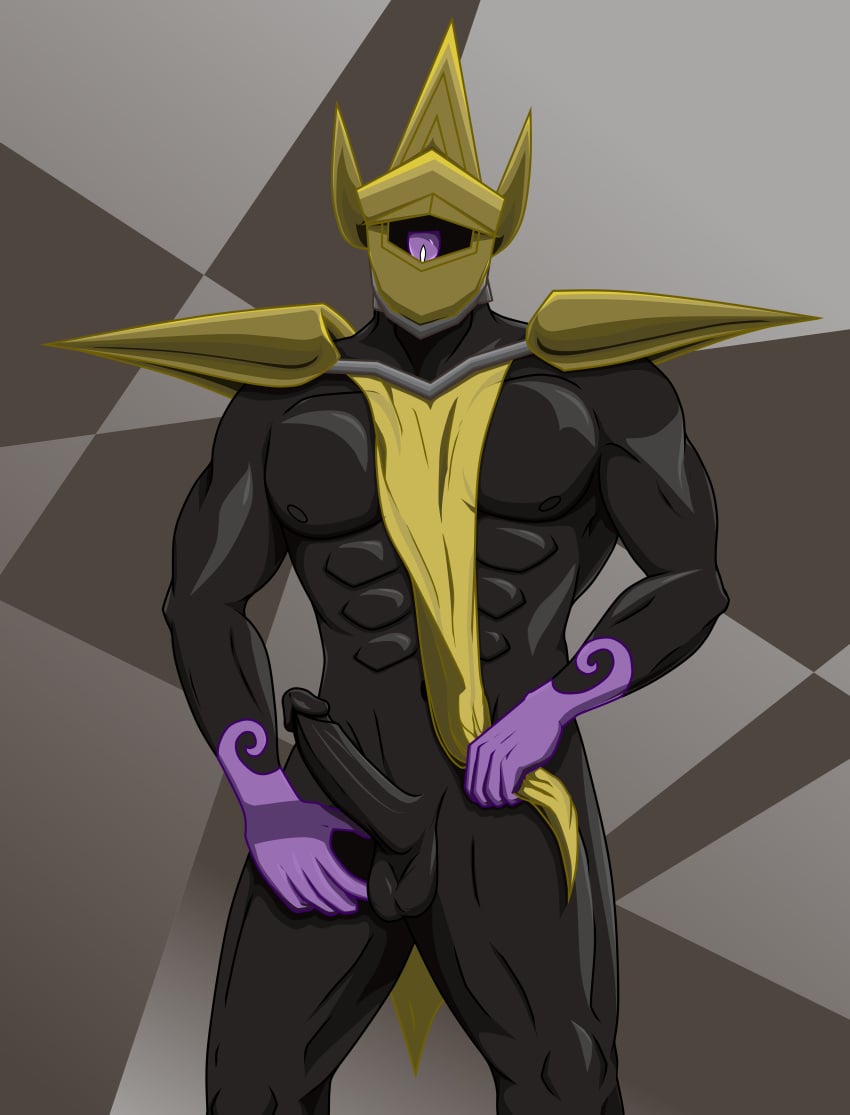 abs aegislash anthro balls bara chest dark_skin erect_penis fabric gay helmet male male_only muscle muscle_arms muscular_male nipples penis pokemon pokemon pokemon_(species) purple_eyes shoulder_pads standing