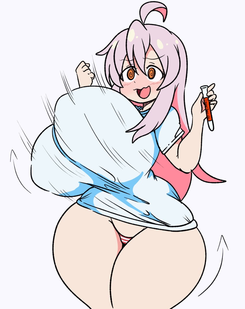 alternate_body_type bouncing_breasts breast_expansion breast_growth full-face_blush gigantic_breasts gigantic_thighs inakotho nipple_bulge onii-chan_wa_oshimai! open_mouth oyama_mahiro panties swirly_eyes thick_thighs venus_body vial wavy_mouth white_shirt wide_hips