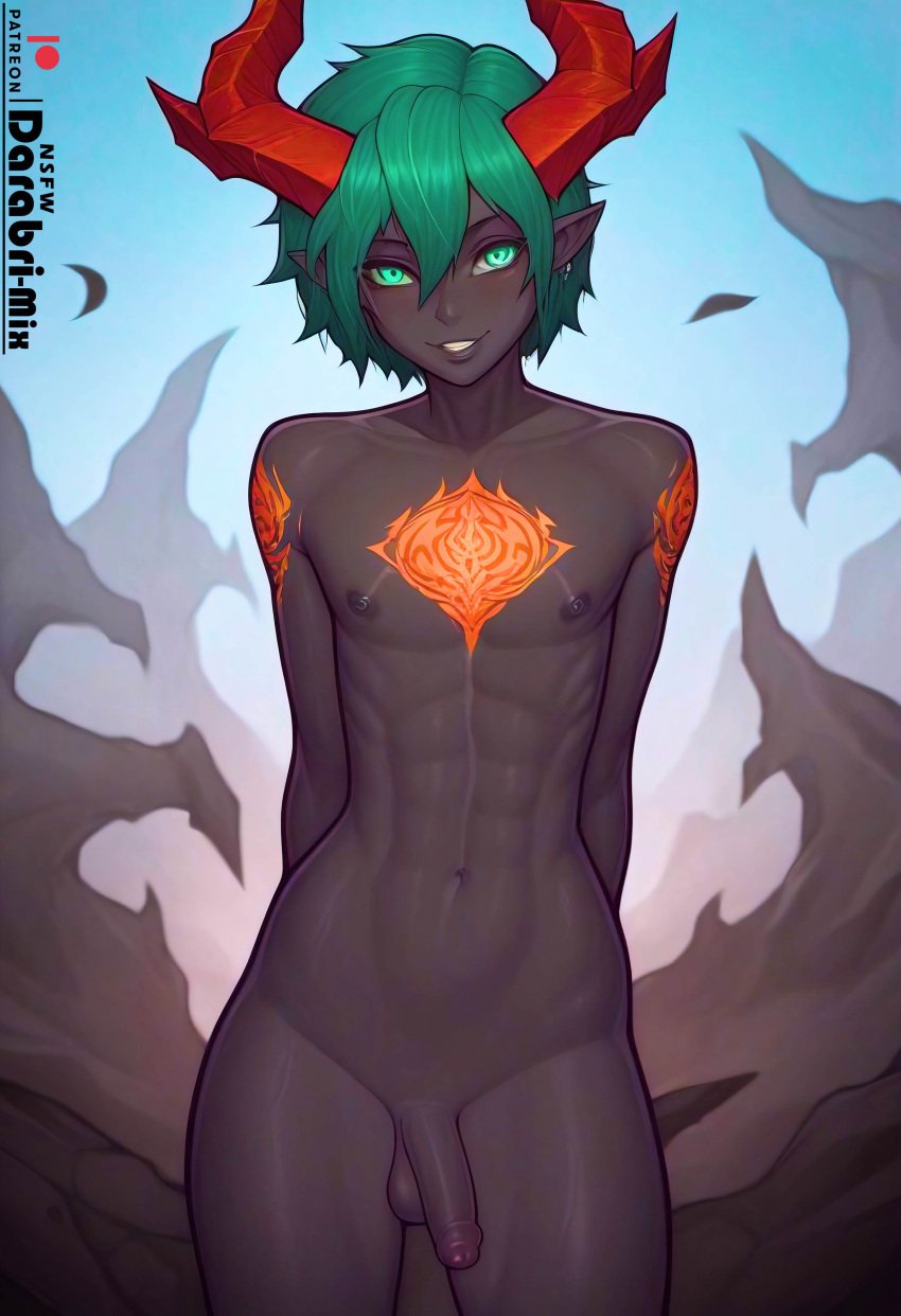 1boy abs abstract_background absurd_res ai_generated asura_(ai_style) bare_shoulders black_skin body_markings cute darabri-mix demon demon_boy embers femboy feminine_male flat_chest flat_chested girly green_eyes green_hair horn horns logo nude open_smile otoko_no_ko outlines patreon patreon_logo penis pov pov_eye_contact red_horns semi-erect smile tail tattoo trap