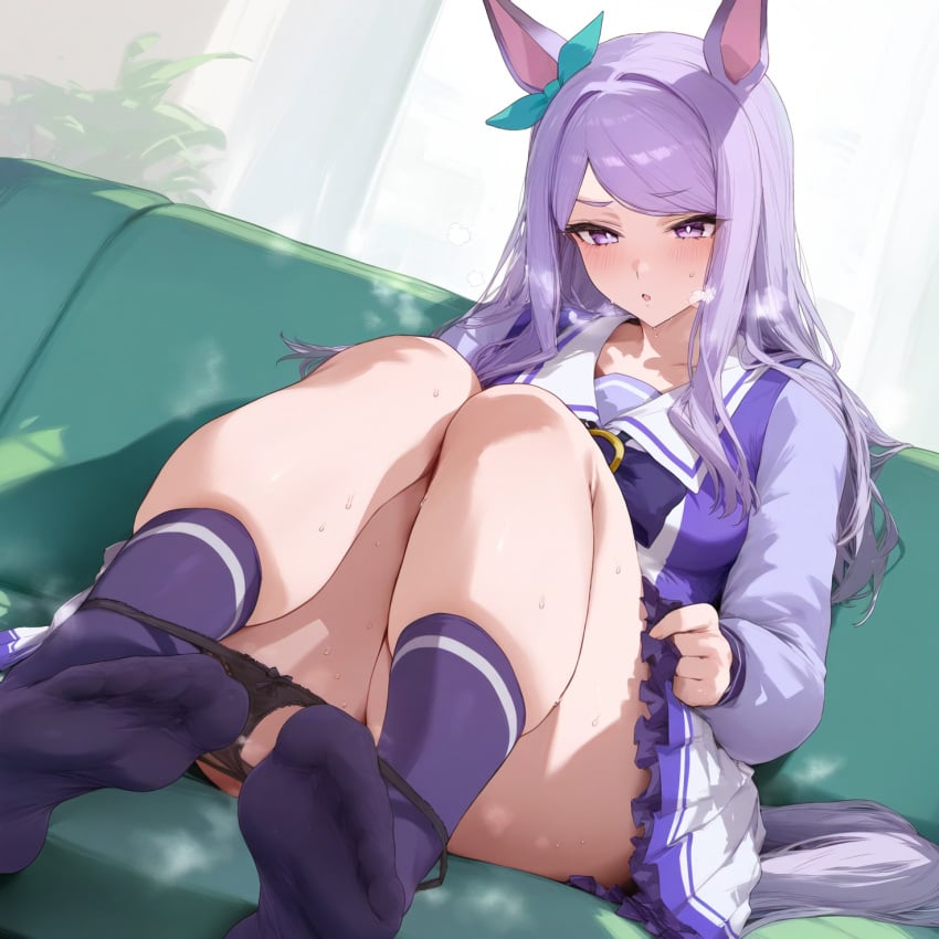 ai_generated animal_ears female horse_girl light_purple_hair long_hair mejiro_mcqueen_(umamusume) purple_eyes small_breasts umamusume umamusume_pretty_derby