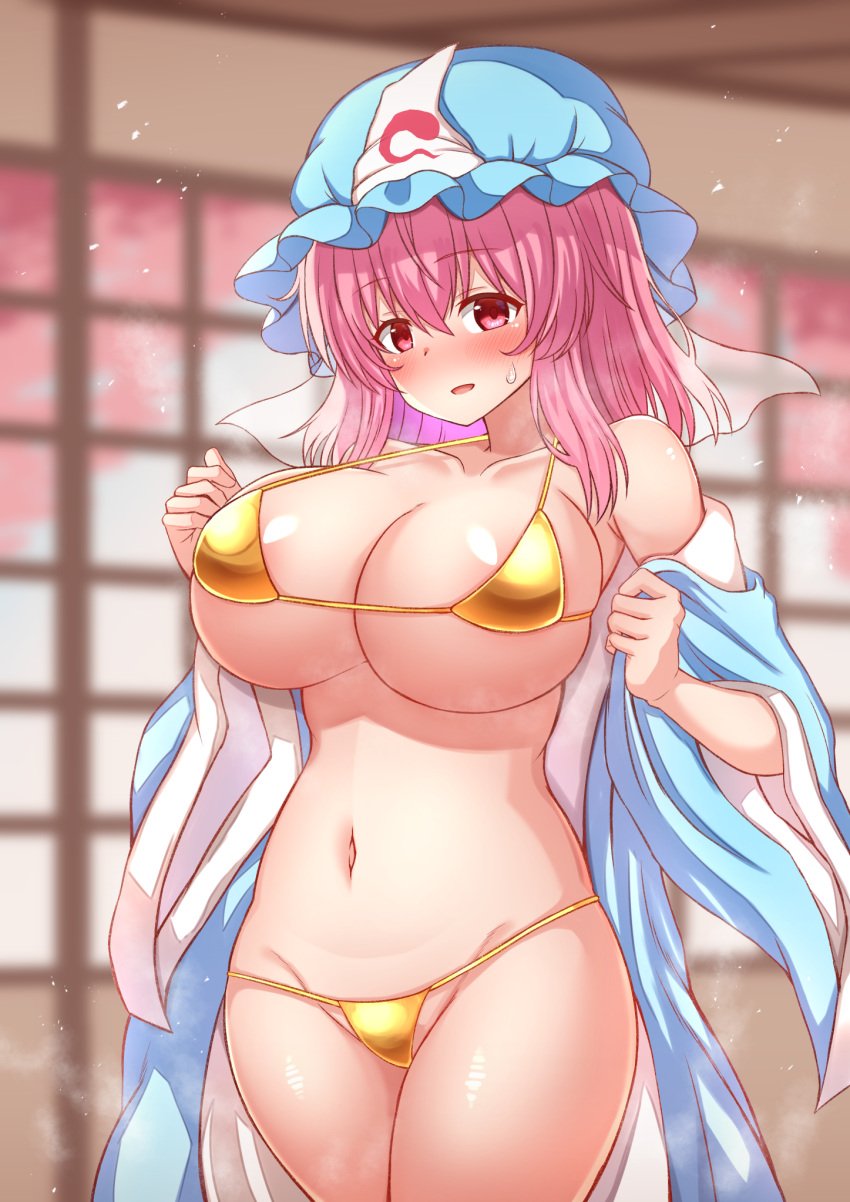 bikini blue_hat blurry blurry_background breasts commentary_request female gold_bikini hat highres indoors large_breasts looking_at_viewer mature_female medium_hair milf navel open_clothes pink_eyes pink_hair saigyouji_yuyuko solo swimsuit tksand touhou triangular_headpiece yuyuko_saigyouji