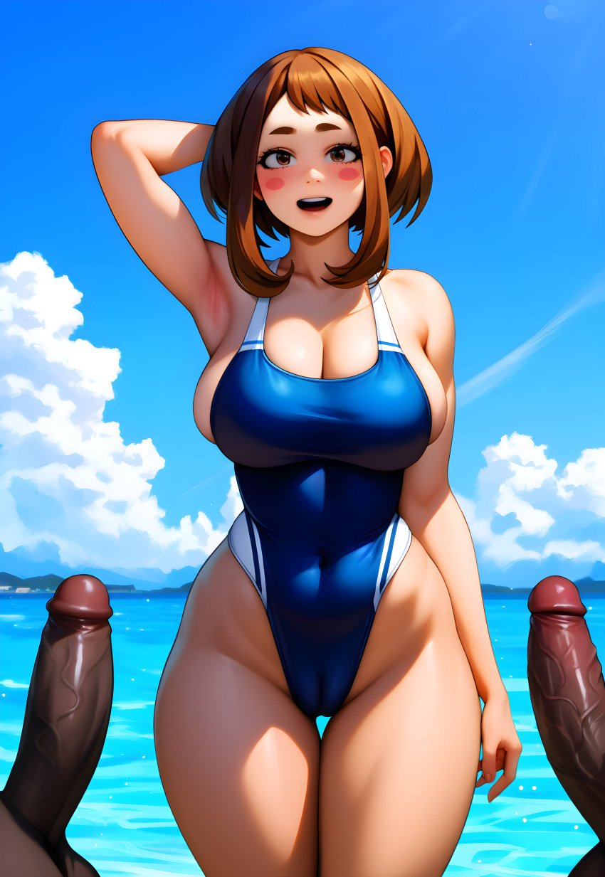 1girls 2boys ai_generated arm_up armpits blue_one-piece_swimsuit blush boku_no_hero_academia brown_eyes brown_hair cameltoe cloud covered_navel dark-skinned_male day duderu highleg interracial large_breasts my_hero_academia ochako_uraraka one-piece_swimsuit open_mouth swimsuit teeth thick_thighs thigh_gap thighs uraraka_ochako water