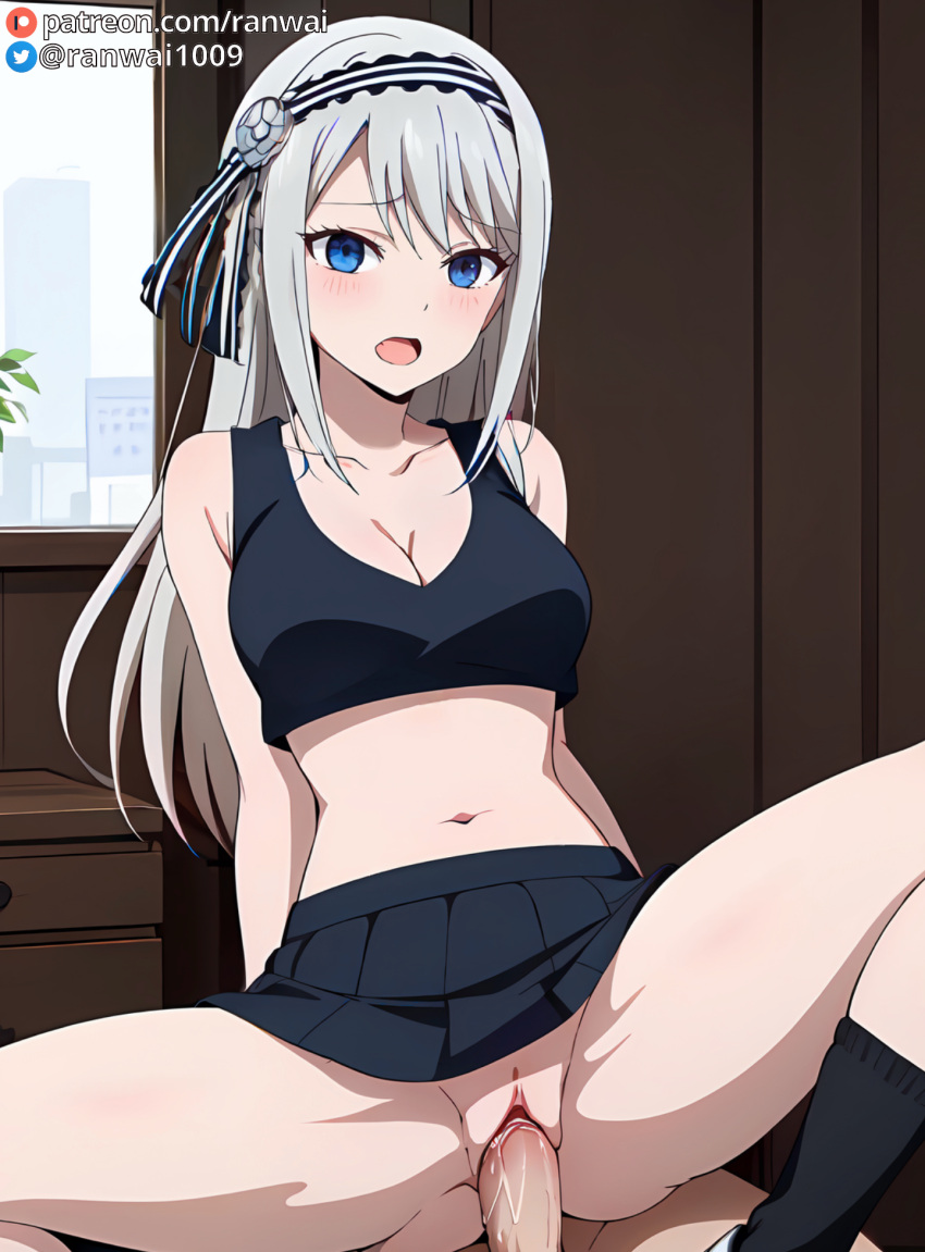 1boy 1girls ai_generated anime blue_eyes bondage cheerleader cheerleader_outfit cowgirl_position female grey_hair human kaguya-sama_wa_kokurasetai_~tensai-tachi_no_renai_zunousen~ male penis ranwai sex shirogane_kei stable_diffusion vaginal_penetration vaginal_sex