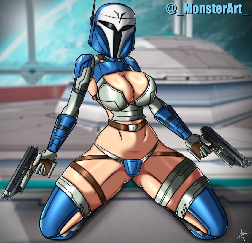 armor armor_pasties bikini_armor bo-katan_kryze boob_window clothed clothed_female clothing female female_only gun helmet helmet_covering_face mask masked masked_female monsterart on_knees sfw_version shiny shiny_skin skimpy_clothes solo solo_female star_wars text