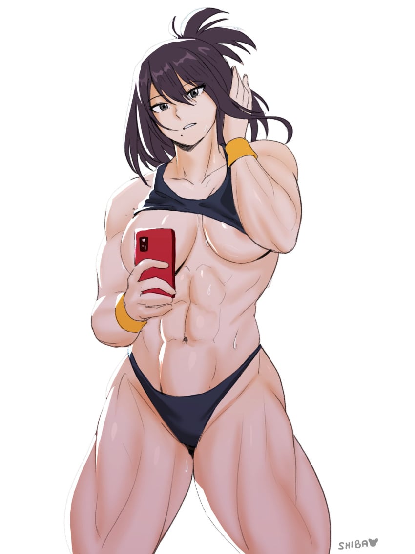 1girls absurd_res artist_name black_panties breasts covered_nipples hi_res holding_object large_breasts long_hair muscular muscular_female my_hero_academia nana_shimura navel parted_lips selfie shibarinsfw shibbunny sports_bra sweat underboob