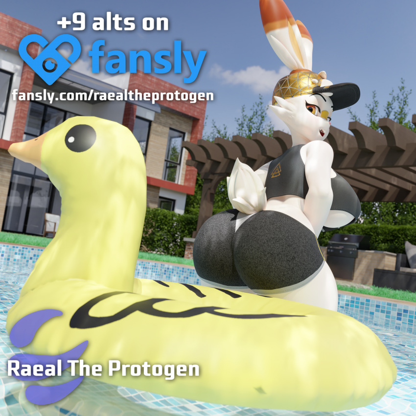 anthro ass bottomwear breasts building clothing duo female floatie hi_res inflatable lagomorph looking_at_viewer looking_back machine male male/female mammal open_mouth plushie pool protogen raeltheprotogen scorbunny_(valorlynz) shirt shorts smile swimwear tank_top topwear