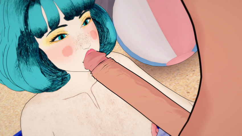 1boy 1girls 3d 3d_(artwork) bangs beach beach_ball beach_towel big_penis blowjob blue_eyes blue_hair blush blush_makeup bob_cut ckyjelly collarbone curly_hair devolver_digital eyebrows eyelashes fellatio female fluffy_hair foreskin freckles freckles_on_breasts freckles_on_chest freckles_on_face fringe gris_(character) gris_(game) horny horny_female koikatsu male naked naked_female naked_male nipples nude nude_female nude_male outdoors outside penis pink_nipples poofy_hair sand short_hair small_breasts straight sucking sucking_penis sucking_tip tagme video_games yellow_eyeshadow