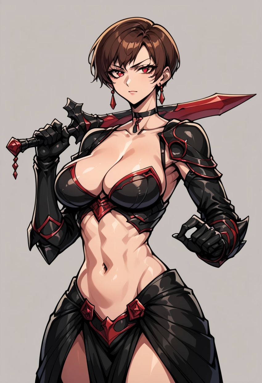 ai_generated armor big_breasts brown_hair choker earrings king_of_fighters red_eyes revealing_clothes short_hair snk sword vice_(kof)