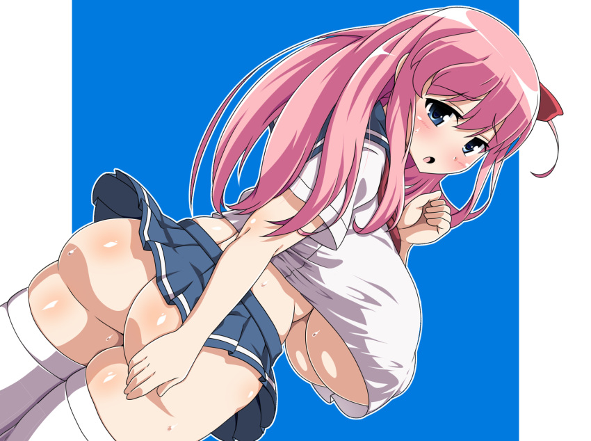 1girls ass blush breasts crop_top crop_top_overhang enormous_breasts haramura_nodoka huge_breasts kani_club large_breasts no_bra no_panties pink_hair saki school_uniform skirt solo sweat thighhighs underboob