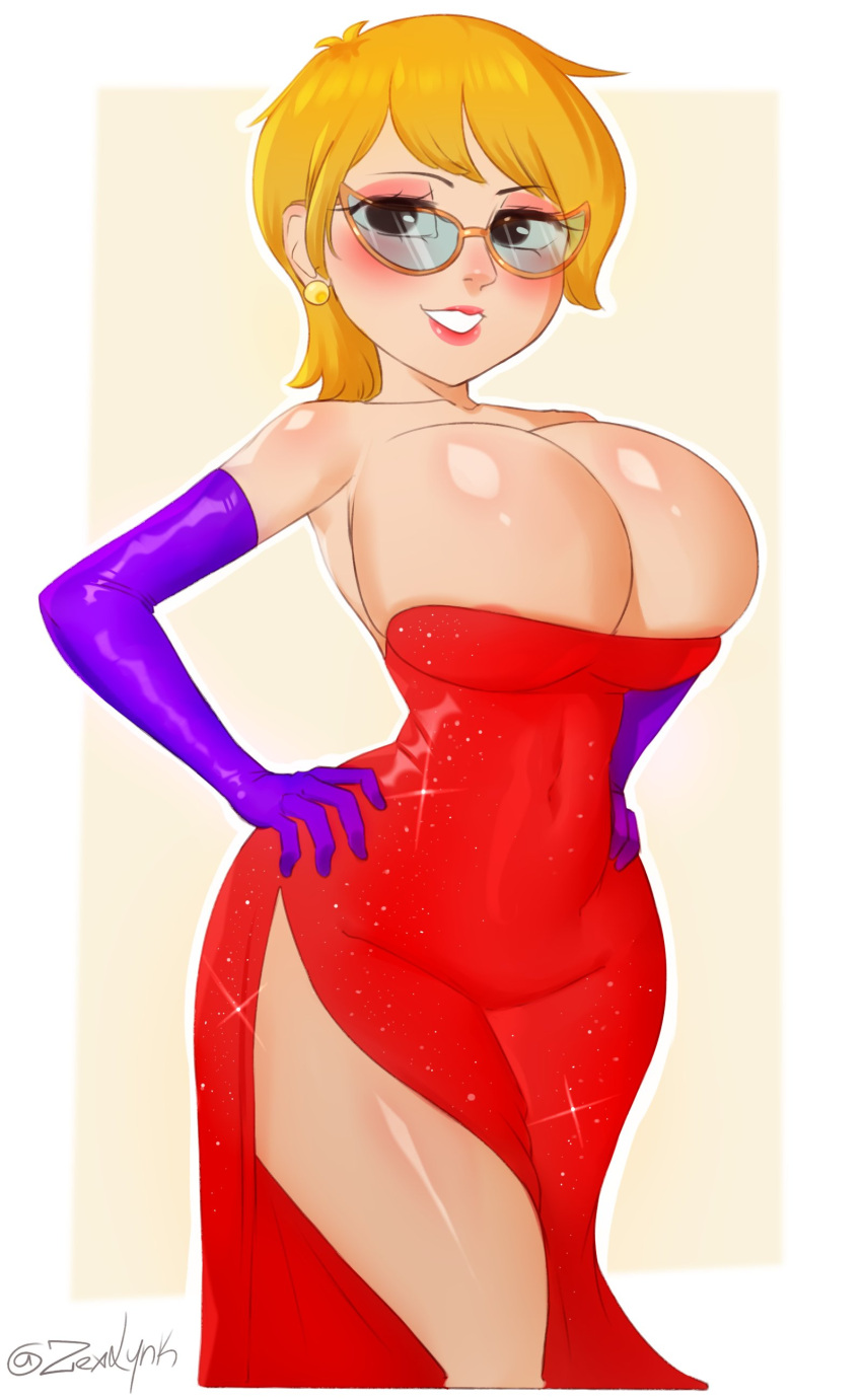 2022 big_breasts blonde_hair blush breasts brown_eyes bursting_breasts cleavage dress earrings female female_focus female_only first_porn_of_character gerri_poveri glasses gloves long_gloves pink_lips pink_lipstick red_dress short_hair tan_background the_magic_school_bus thighs white_border zexlynk