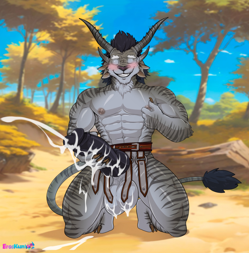 2_horns abs anthro armpit_hair balls blush bodily_fluids body_hair charr cum eroskun felid genital_fluids genitals guild_wars hi_res horn knot male mammal muscular muscular_anthro muscular_male nipples pecs penis solo solo_male striped_body stripes tail