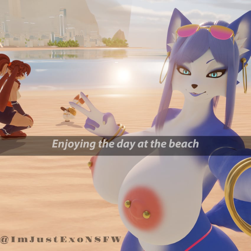 1:1 3d_(artwork) anthro areola beach big_breasts breasts buried buried_in_sand canid canine clothed clothing crossover crouching digital_media_(artwork) eastern_and_western_character english_text eyewear female fox generation_8_pokemon gesture group hand_gesture imjustexo krystal krystal_(dogzeela) lagomorph lop_(star_wars_visions) mammal nintendo nipple_piercing nipples panties piercing pokemon pokemon_(species) sand scorbunny scorbunny_(valorlynz) sea selfie smile star_fox star_wars star_wars_visions sunglasses sunny text thong topless trio underwear v_sign water