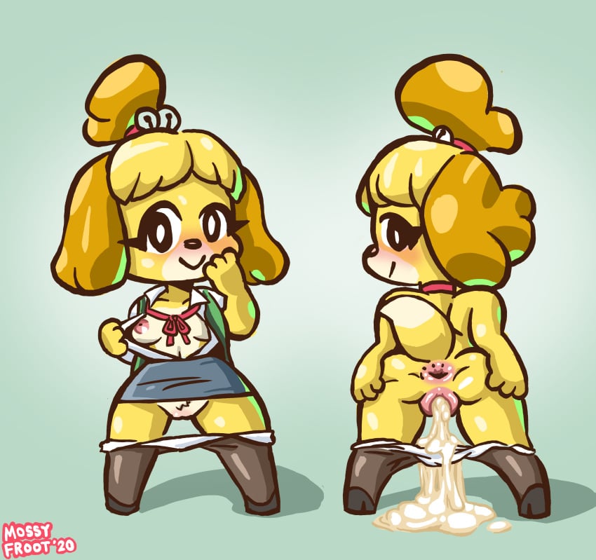 1girls animal_crossing anthro ass_grab big_butthole bottomless bottomless_skirt butthole canine collar cum cum_drip cum_in_pussy cum_inside cum_overflow dog_girl flashing furry isabelle_(animal_crossing) mooning mossyfroot panties panties_down pantyhose spread_pussy spreading upskirt yellow_fur