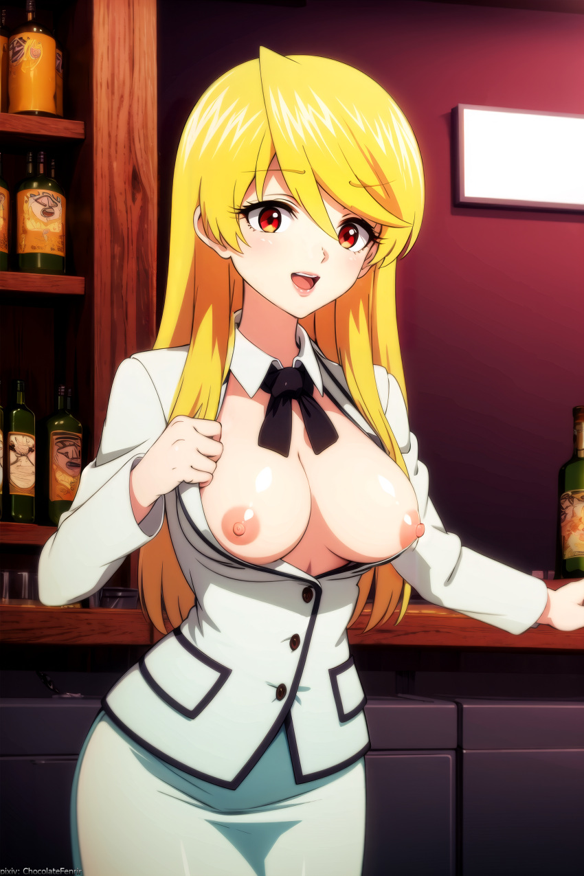 1female 1girls ahoge ai_generated akemi_(snack_basue) blonde_hair blonde_hair_female breasts breasts_out commentary_request english_commentary female female_only hi_res highres light-skinned_female light_skin long_hair looking_at_viewer medium_breasts nipples normal_breasts snack_basue tagme unbuttoned very_high_resolution