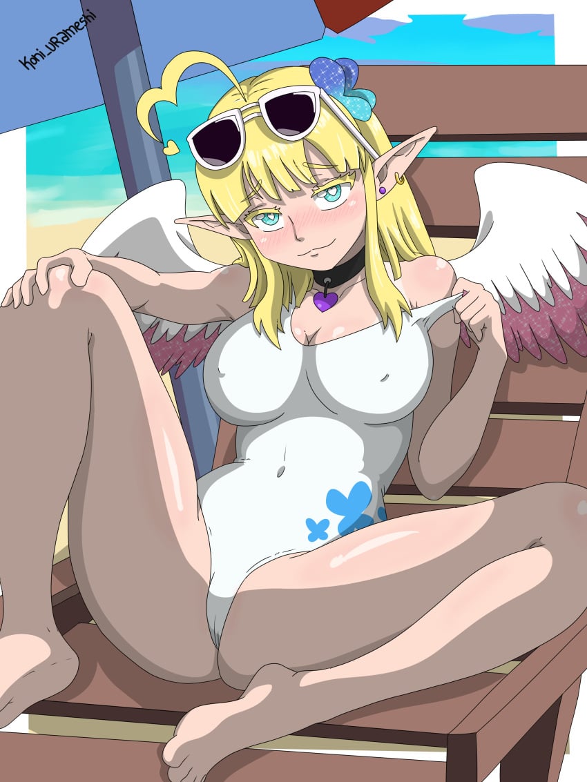 adarablekitten angel ari_kazumi barefoot beach big_breasts blonde_hair butterfly_hair_ornament earring koni_urameshi necklace nipple_outline one-piece_swimsuit pointed_ears pose posing spread_legs sunglasses sunglasses_on_head tanline twitch umbrella virtual_youtuber youtube