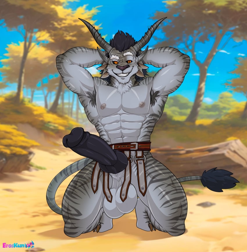 2_horns abs anthro armpit_hair balls body_hair charr eroskun felid genitals guild_wars hi_res horn knot male mammal muscular muscular_anthro muscular_male nipples pecs penis solo solo_male striped_body stripes tail