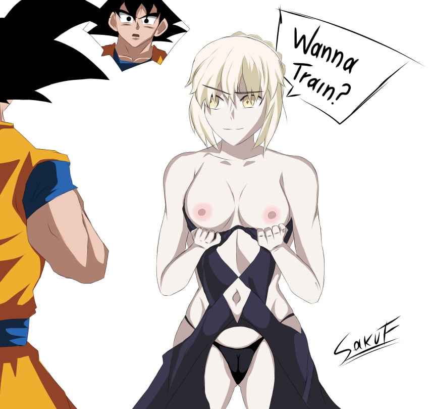 1boy 1girls artoria_pendragon artoria_pendragon_(alter) black_hair blonde_hair breasts crossover dragon_ball dragon_ball_z english_text fate/grand_order fate/stay_night fate_(series) female imminent_sex male medium_breasts saber saber_alter saku son_goku text yellow_eyes