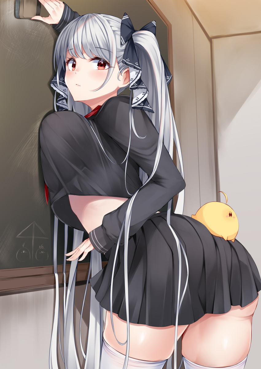 1girl azur_lane blackboard breasts_on_blackboard classroom closed_mouth formidable_(azur_lane) formidable_(the_lover's_heart_flutters_on_duty)_(azur_lane) huge_breasts irohara large_ass large_thighs looking_back manjuu_(azur_lane) serafuku staring thick_thighs thighhighs twin_tails wide_hips wiping