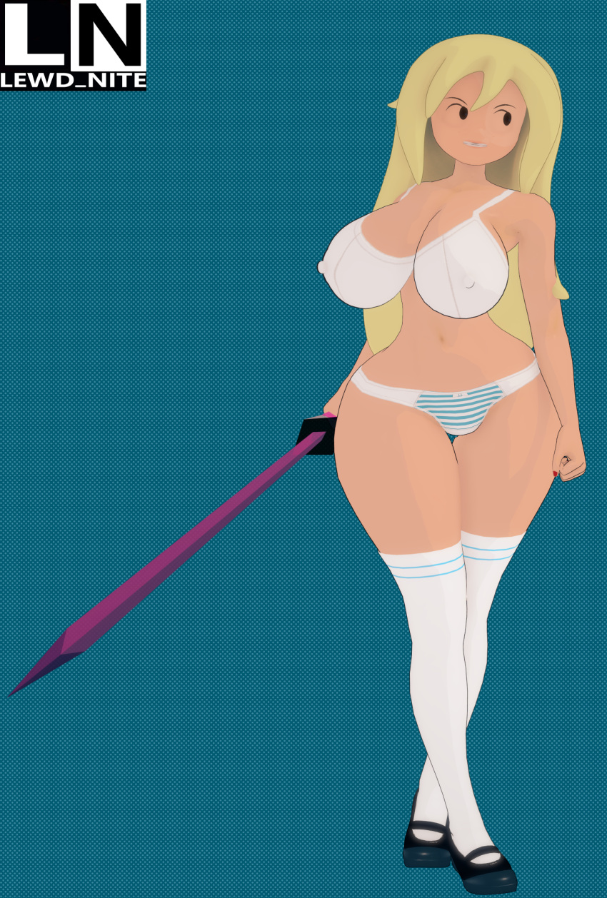 1girls 3d adventure_time ankles_crossed big_breasts blonde_hair bra casual casual_underwear clothing female female_only fionna_and_cake fionna_campbell fionna_the_human_girl footwear front_view holding_weapon human legwear lewd_nite long_hair nipple_bulge painted_fingernails pale_skin panties pinup standing sword tagme thigh_gap thighhighs underwear weapon